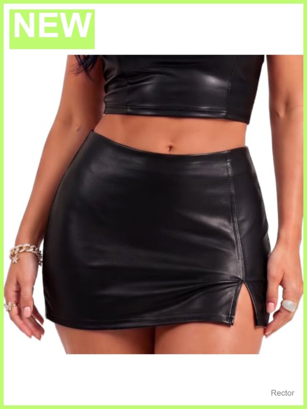 Faux Leather High Waist A-Line Skort Slit Hem Built-in Shorts Stretch PU Mini